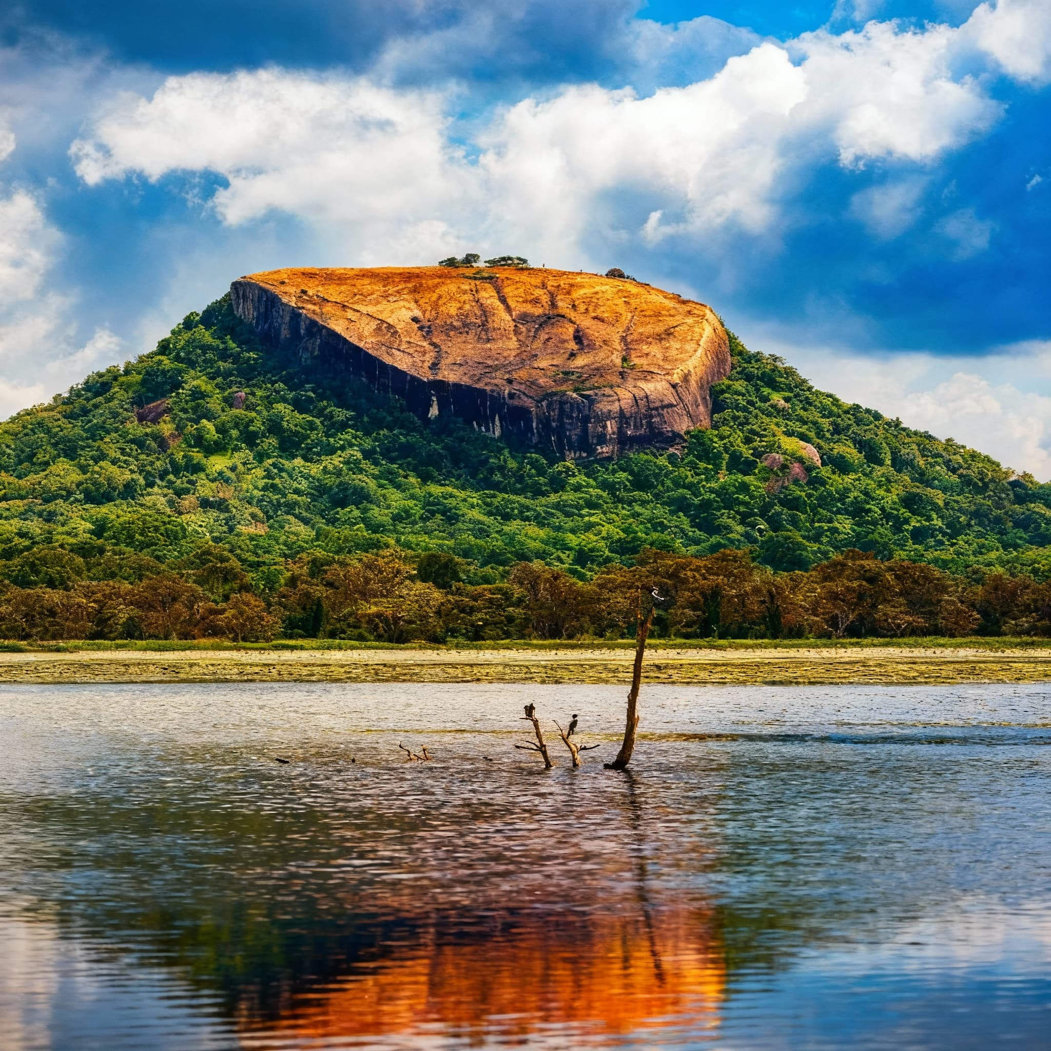A scenic view of Sigiriya Rock Fortress surrounded by lush greenery.