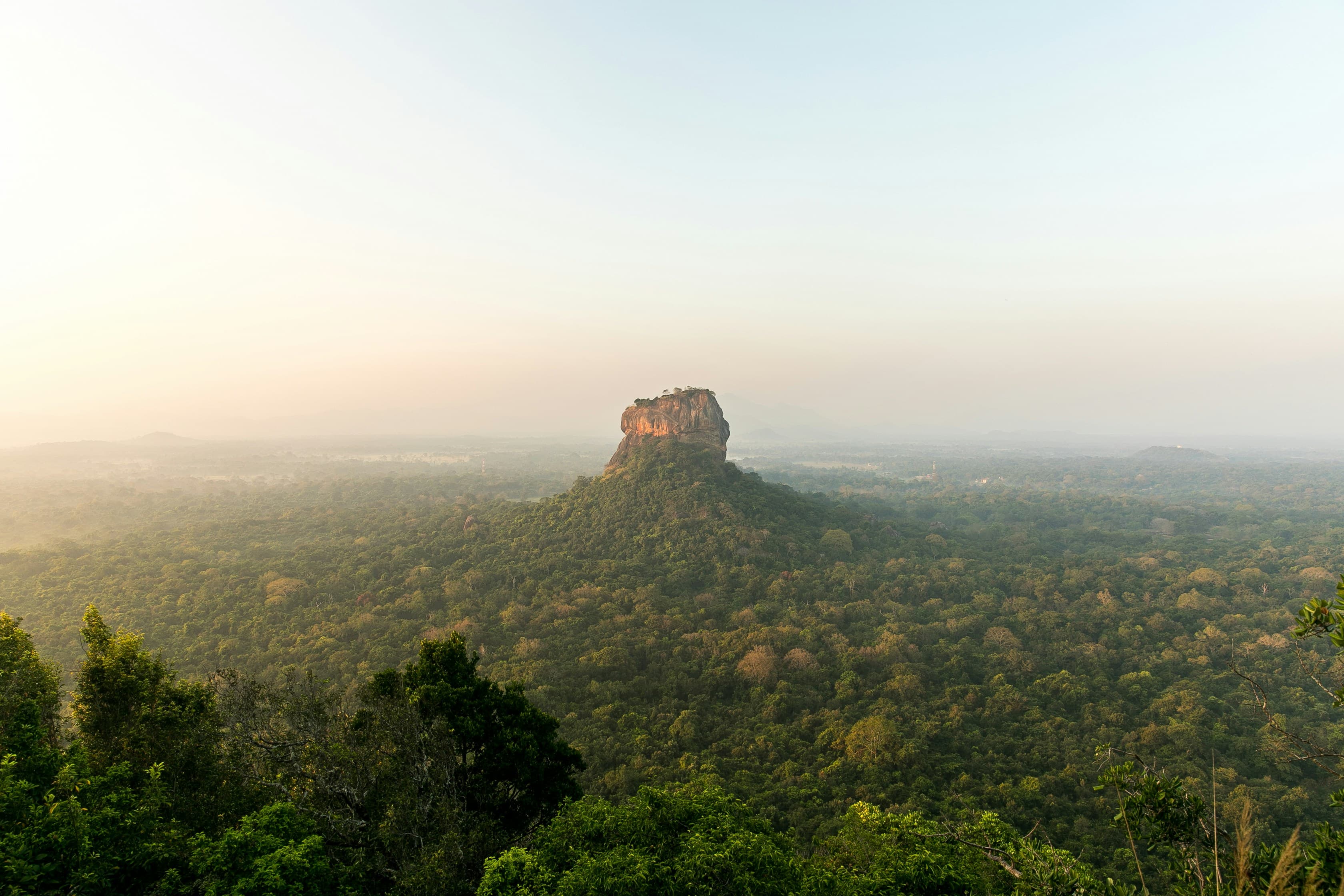 A scenic view of Sigiriya Rock Fortress surrounded by lush greenery.